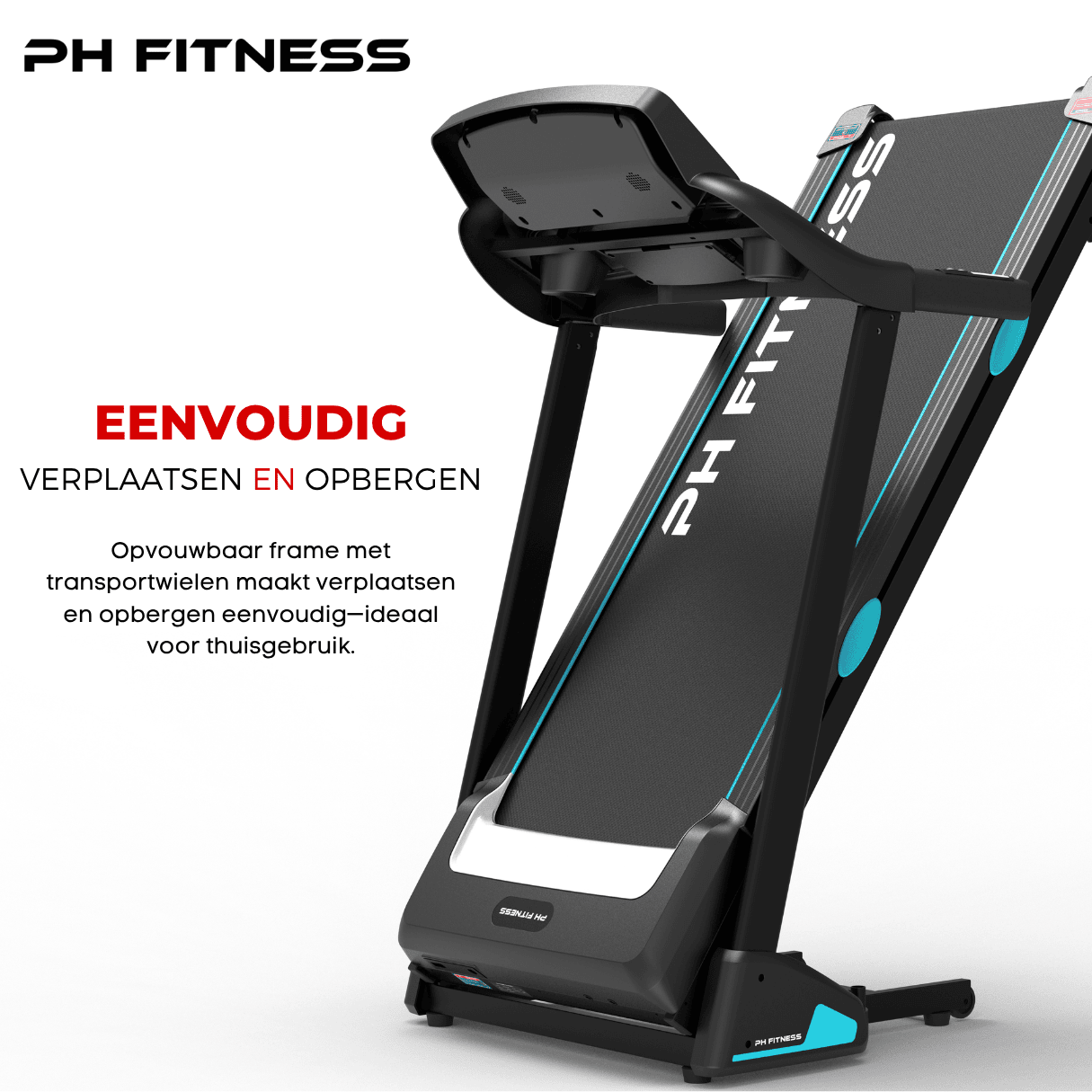 PH Fitness PRO-190 treadmill with foldable frame and built-in wheels – easy to move and store at home