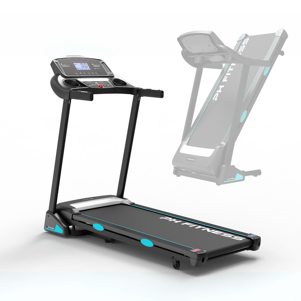 Front view of PH Fitness PRO-190 treadmill with foldable design and 2.5 PK motor – ideal for compact home workouts