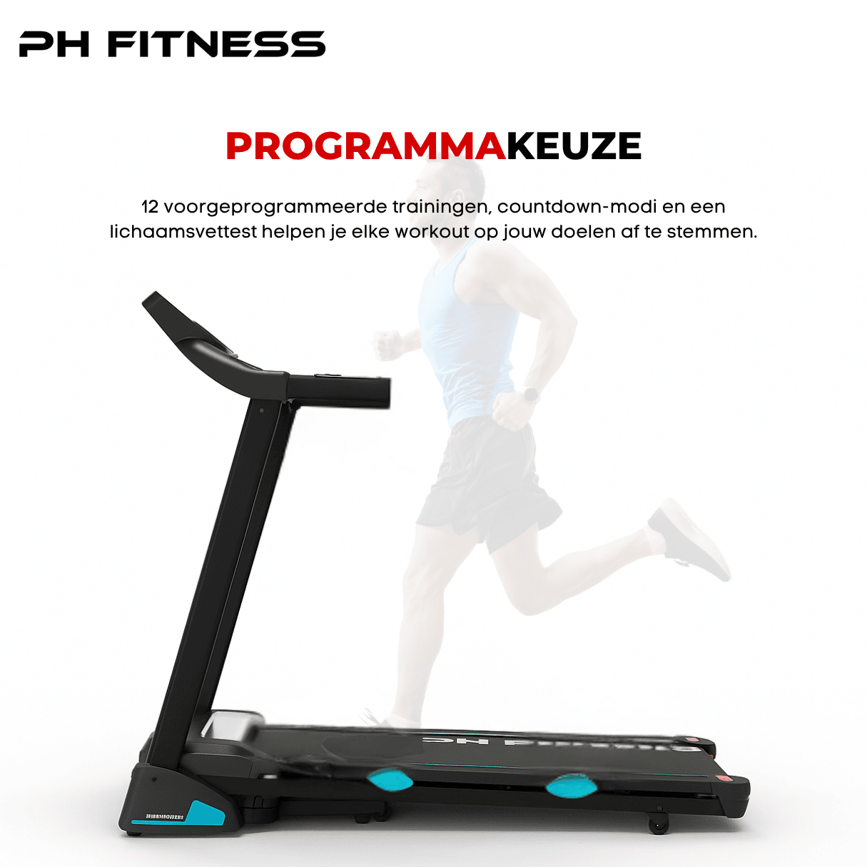 PRO-190 treadmill by PH Fitness with 12 pre-set workout programs, countdown mode, and custom training features