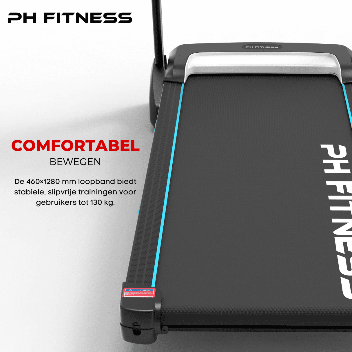 PRO-190 treadmill with 460 × 1280 mm running surface – anti-slip and stable, supports users up to 130 kg