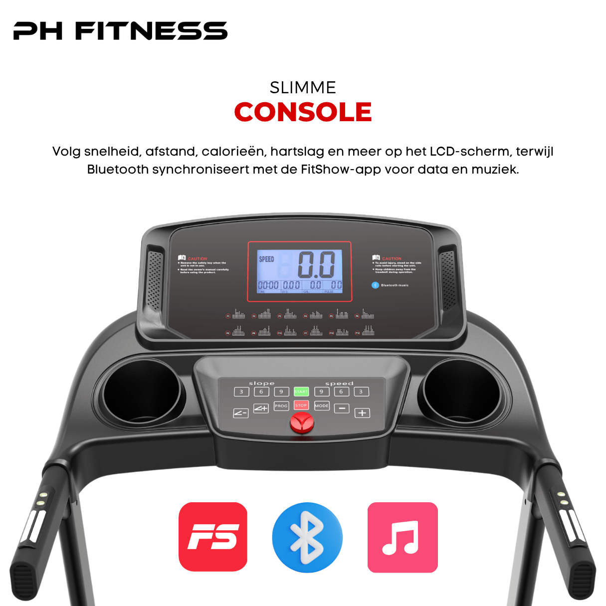 PH Fitness PRO-190 treadmill with slim console and LCD screen showing speed, calories, distance, and heart rate – Bluetooth FitShow compatible