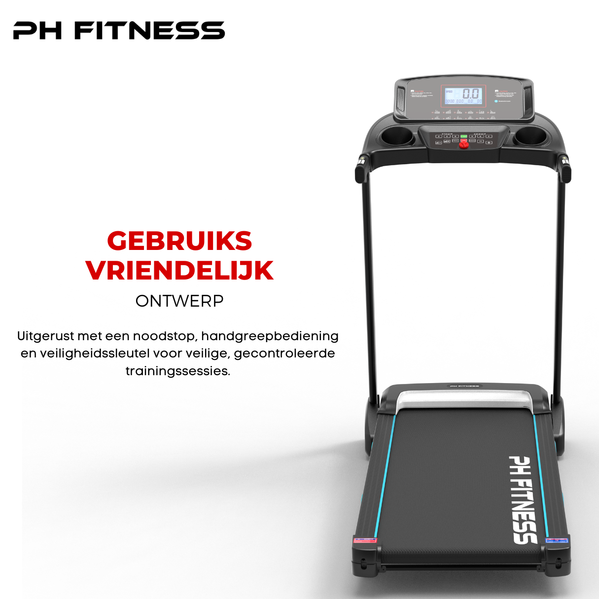 User-friendly design on PH Fitness PRO-190 treadmill – emergency stop, handgrip controls, and safety key for secure training