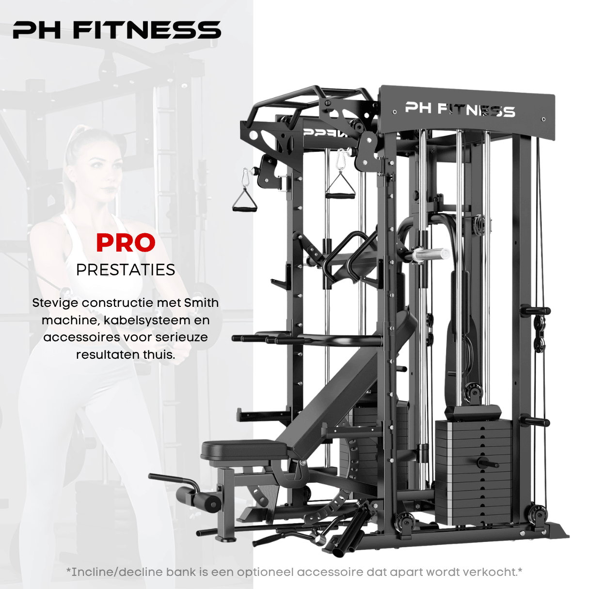 Professional-grade PH Fitness home gym with guided Smith machine, cable crossover system, and heavy-duty steel frame.