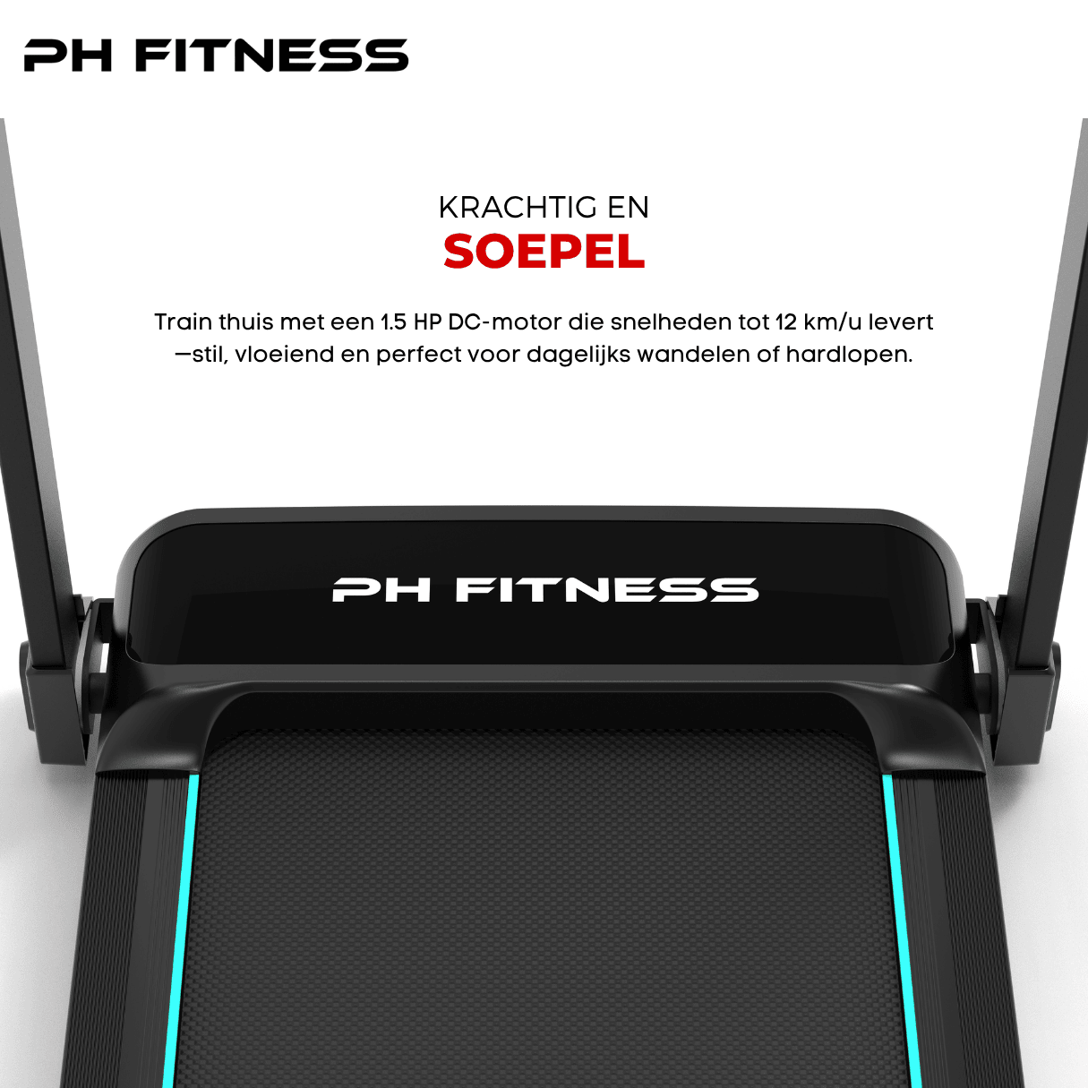 PH Fitness TH-900 treadmill with 1.5 HP DC motor and 12 km/h top speed, quiet and powerful for walking, jogging, or running at home