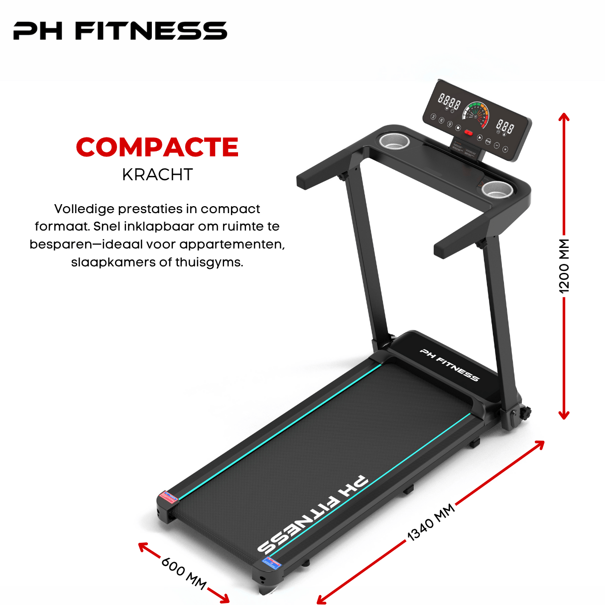 PH Fitness TH-900 treadmill dimensions: 1340x600x1200 mm, foldable and compact for small spaces