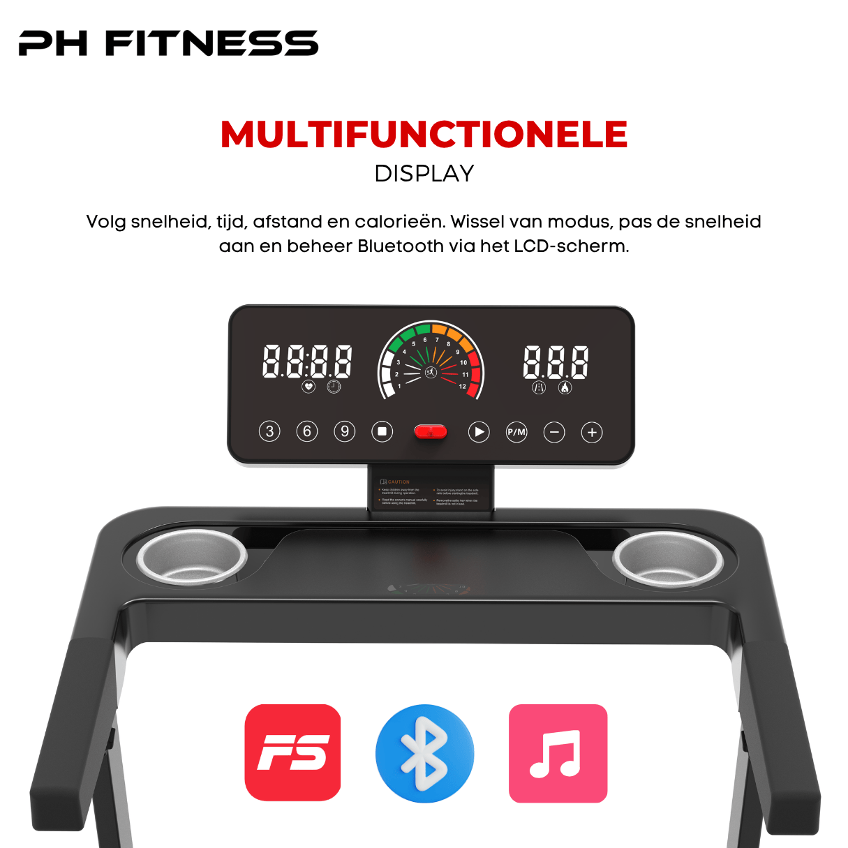 PH Fitness TH-900 treadmill console with LCD screen, displays speed, time, distance, and calories burned