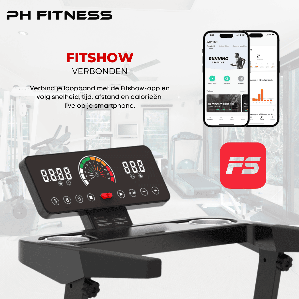 PH Fitness TH-900 treadmill with Bluetooth FitShow app, syncs workouts and tracks live progress on mobile