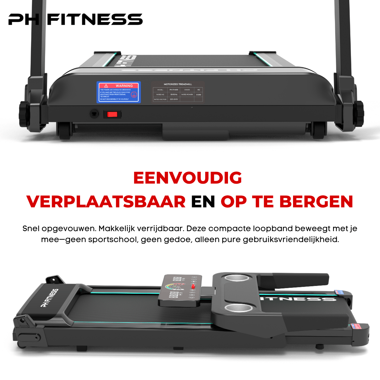 PH Fitness TH-900 treadmill folded for easy storage, built-in transport wheels for effortless movement