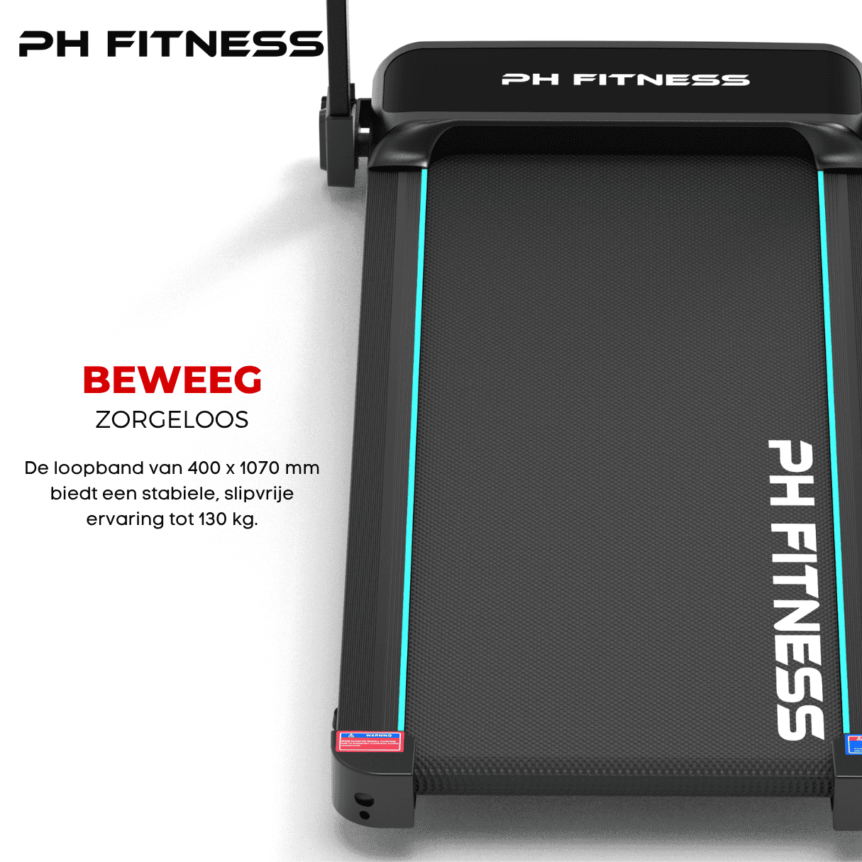 PH Fitness TH-900 treadmill with spacious 400x1070 mm running surface, supports up to 130 kg user weight