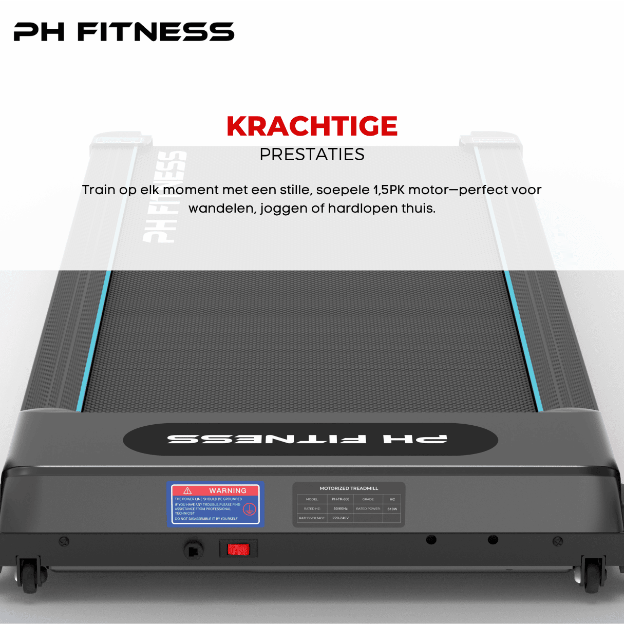 PH Fitness TR-800 treadmill featuring a quiet 1.5HP motor for smooth walking, jogging, and running at home.