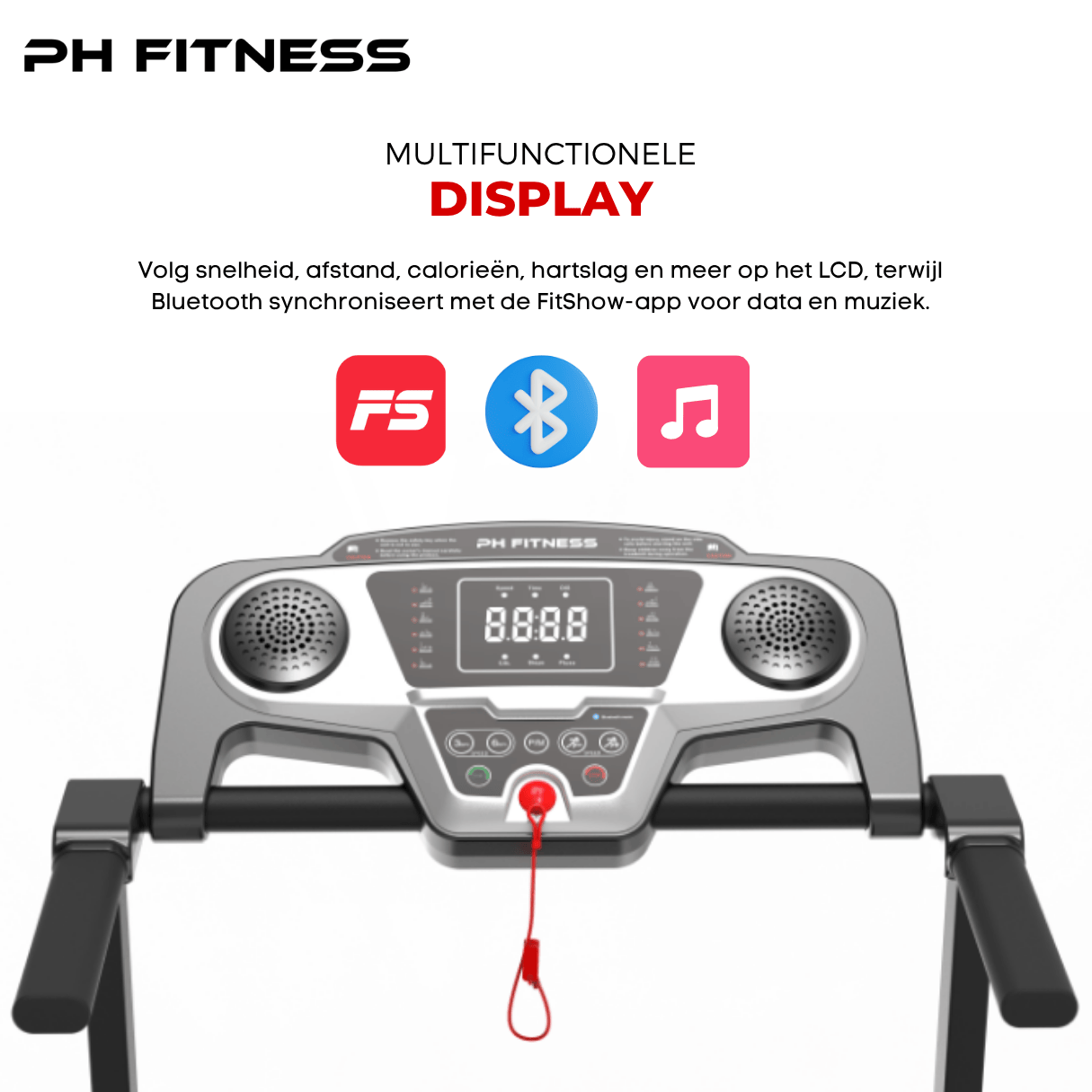 PH Fitness TR-800 treadmill with Bluetooth-enabled LCD display and FitShow app support for real-time workout tracking.
