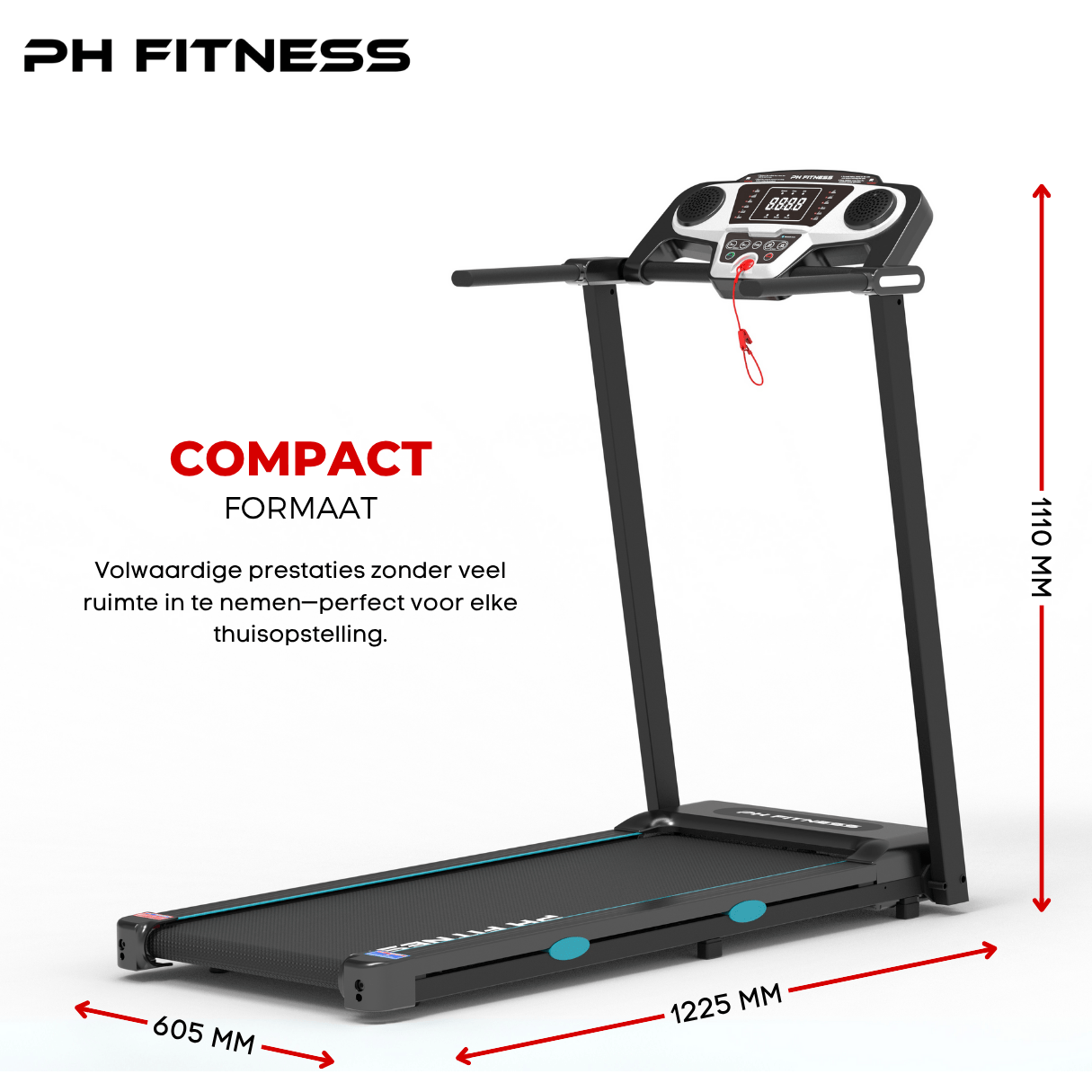 Compact PH Fitness TR-800 treadmill with foldable design and 1225×605×1110mm dimensions for space-saving storage.