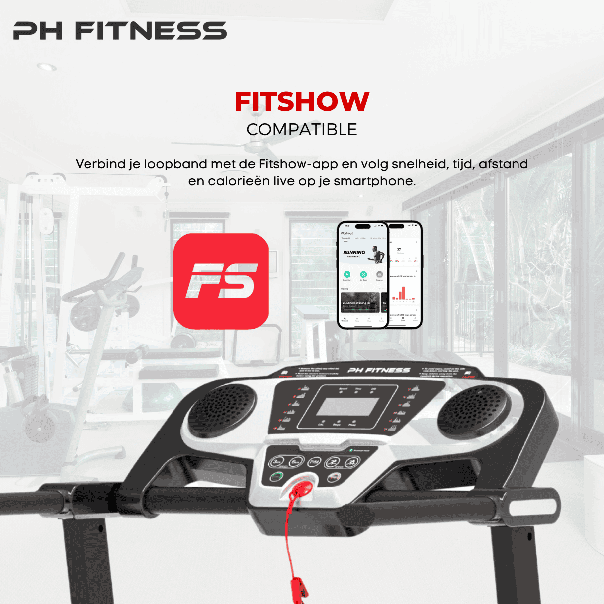 PH Fitness TR-800 treadmill compatible with FitShow app for syncing workout stats and streaming music.