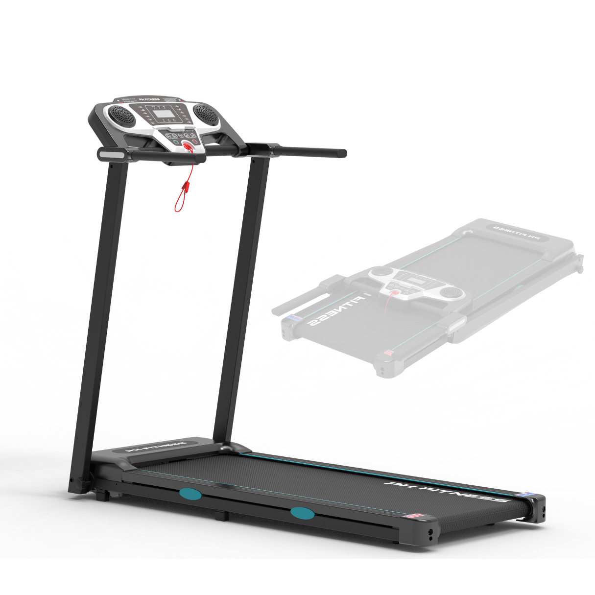 Front view of PH Fitness TR-800 treadmill with foldable frame, ideal for home workouts and easy storage.