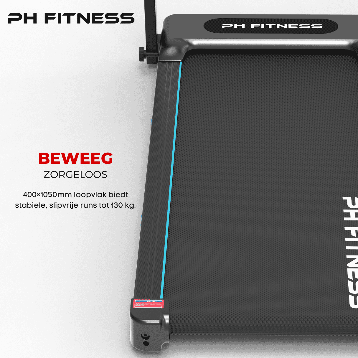 PH Fitness TR-800 treadmill with 400×1050mm cushioned belt for stable, slip-free running up to 130kg.