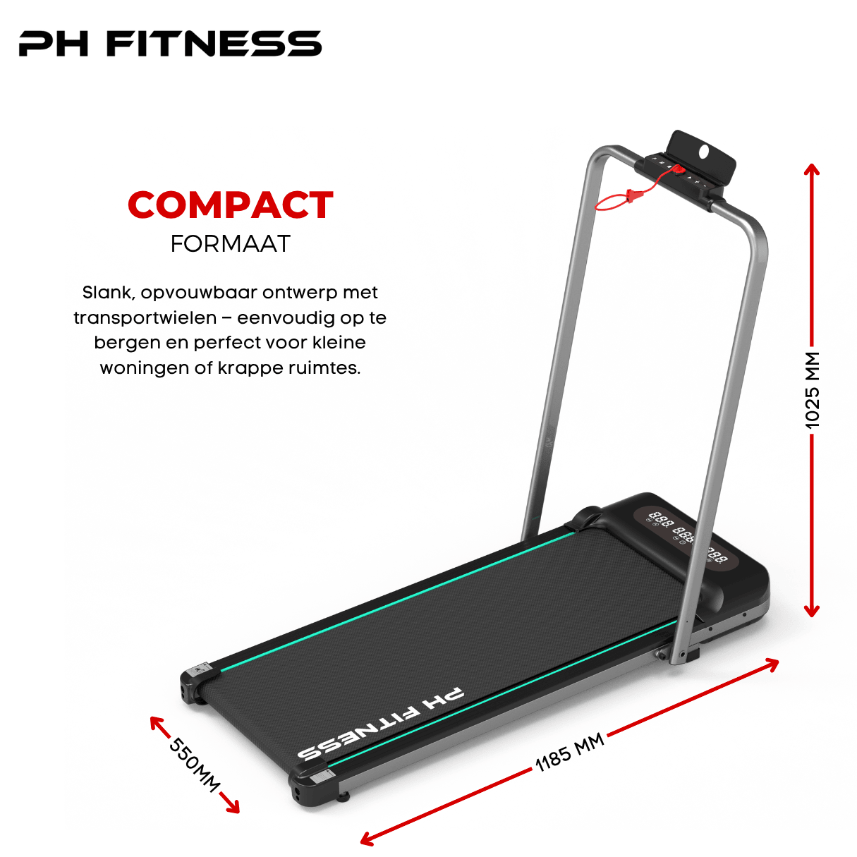 PH Fitness WP-400 compact treadmill with dimensions 1185 × 550 × 1025 mm – space-saving design for small home gyms