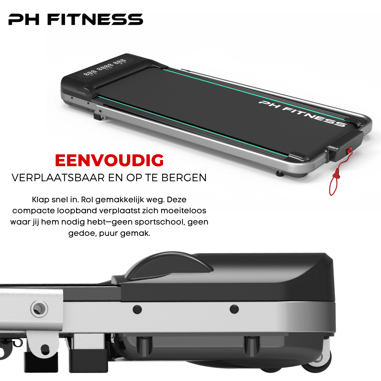 Foldable design on PH Fitness WP-400 treadmill – built-in wheels for easy movement and compact storage at home