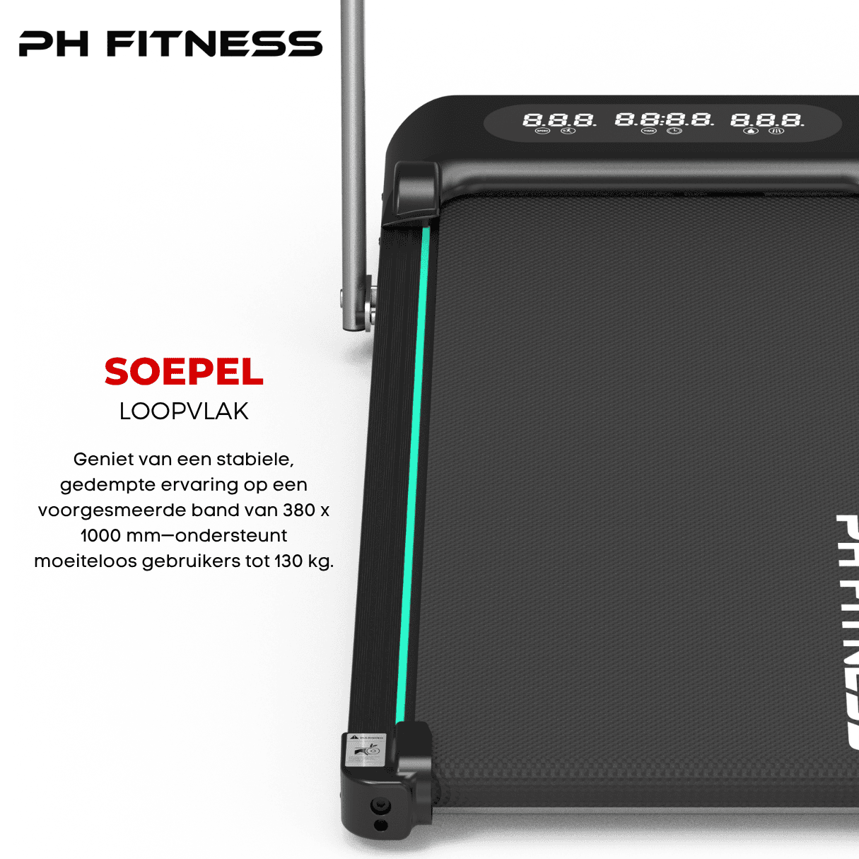 WP-400 treadmill by PH Fitness with 380 × 1000 mm belt – supports up to 130 kg with stable, pre-lubricated surface