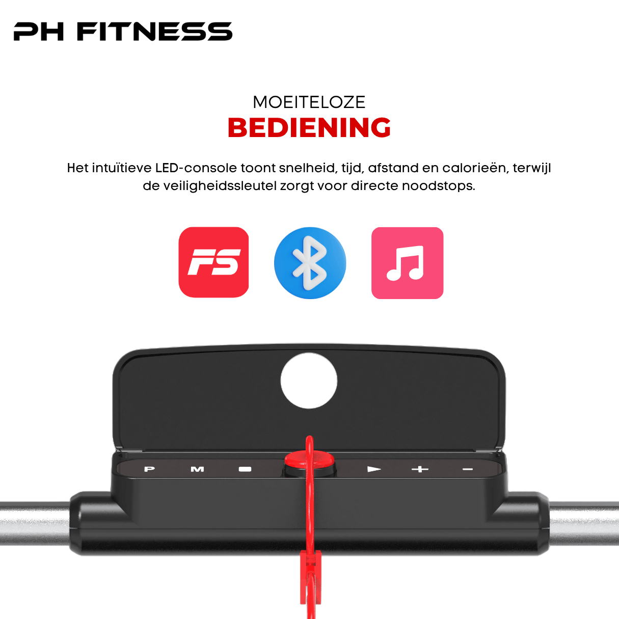 Slim LED console on PH Fitness WP-400 treadmill – displays speed, time, distance, and calories with Bluetooth FitShow connectivity