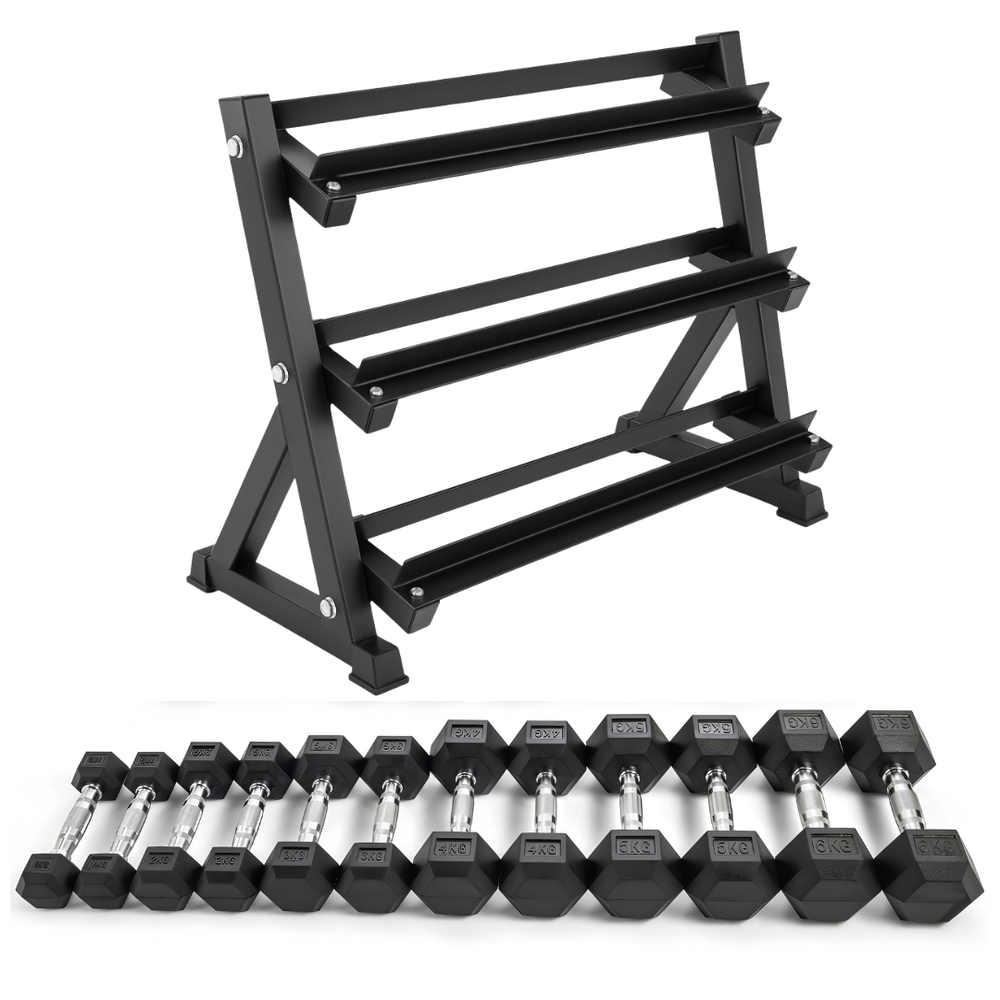 Set d'haltères hexagonaux - 2,5 à 15KG avec support pour haltères