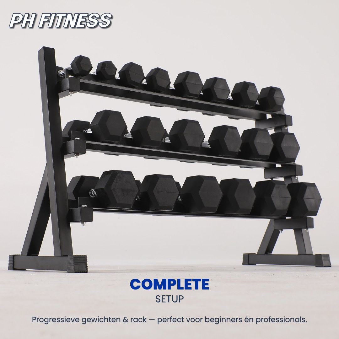 Set d'haltères hexagonaux - 2,5 à 25KG avec support pour haltères