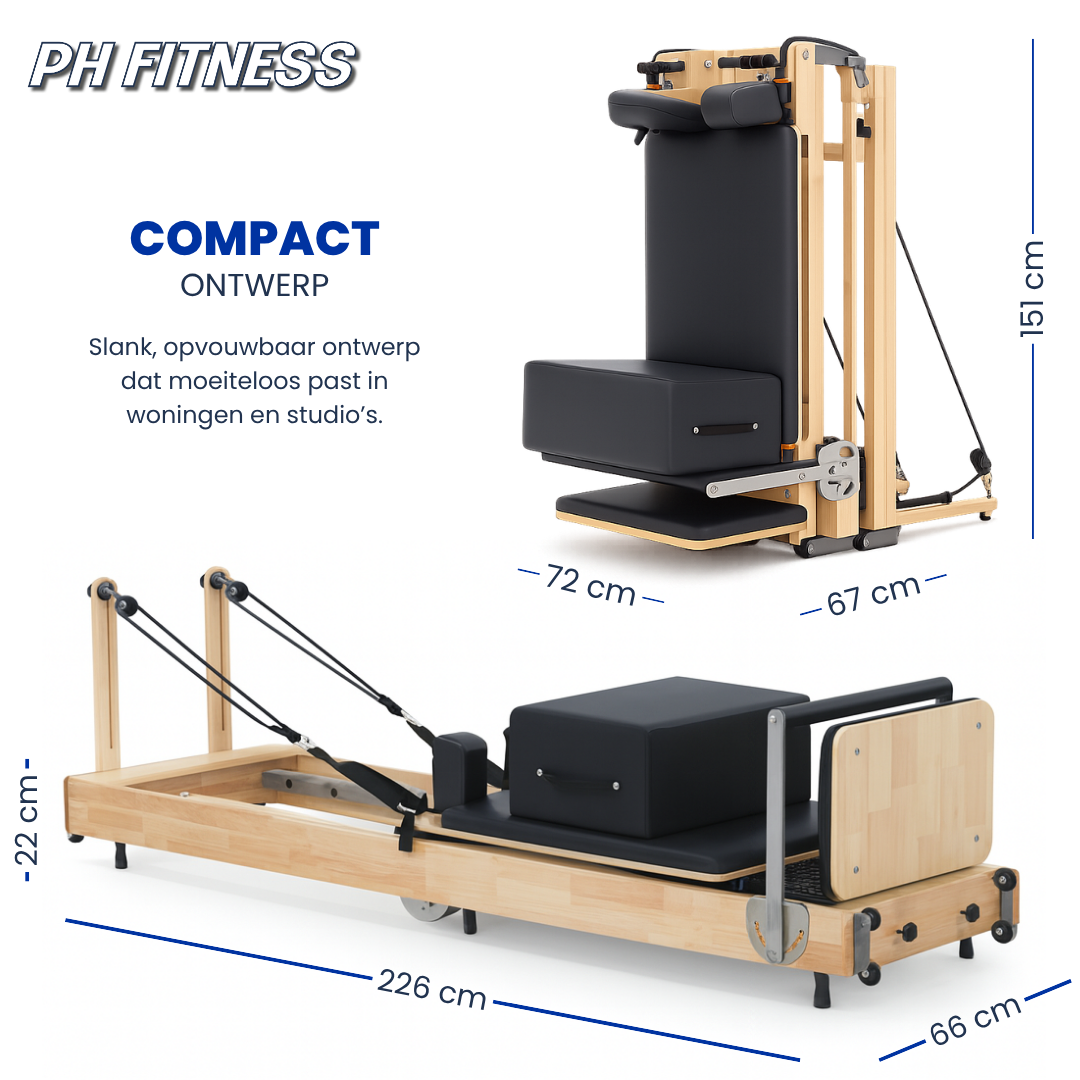 Reformer Pilates PH Fitness en bois en position pliée et dépliée