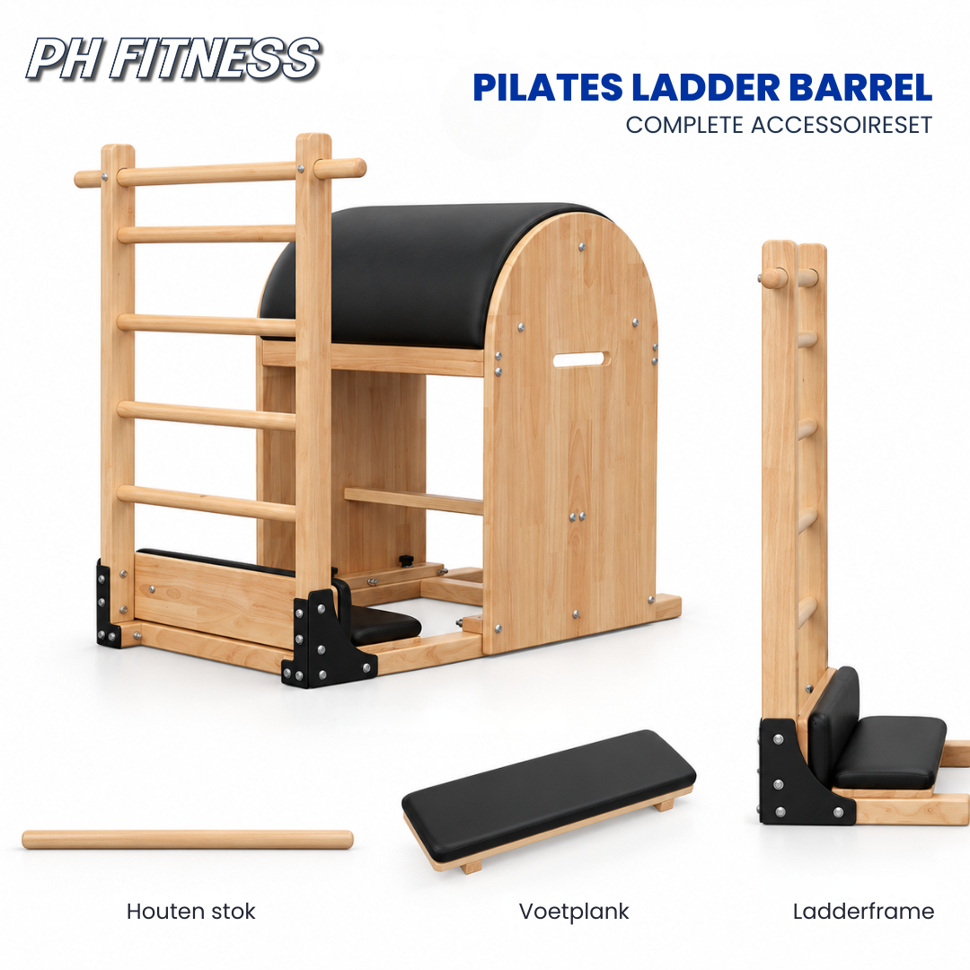 Ensemble complet d’accessoires du Pilates Ladder Barrel PH Fitness avec bâton en bois, planche d’appui et cadre à barreaux