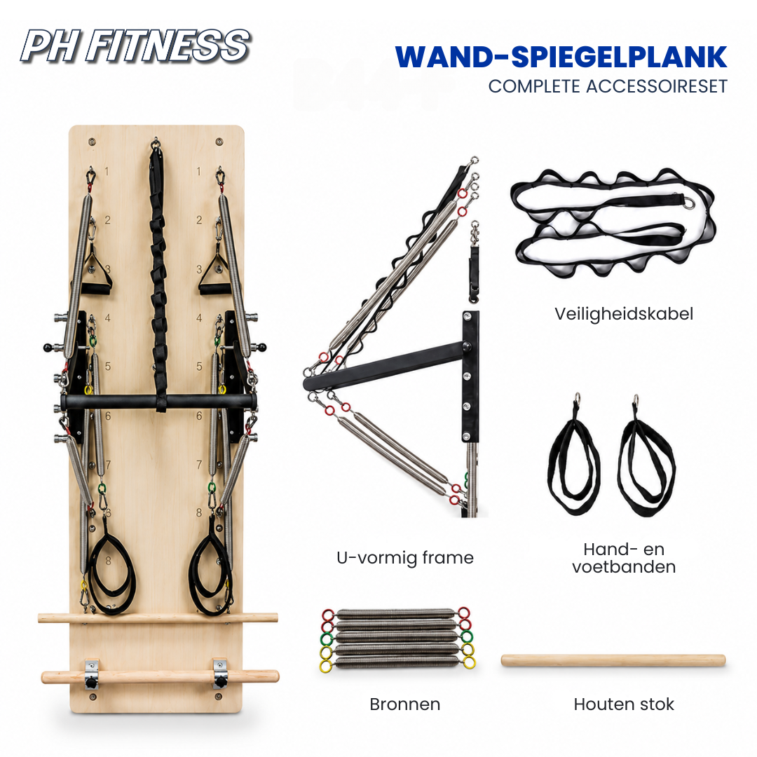 Ensemble complet d’accessoires de l’appareil mural Pilates avec ressorts, câble de sécurité, sangles et bâton en bois