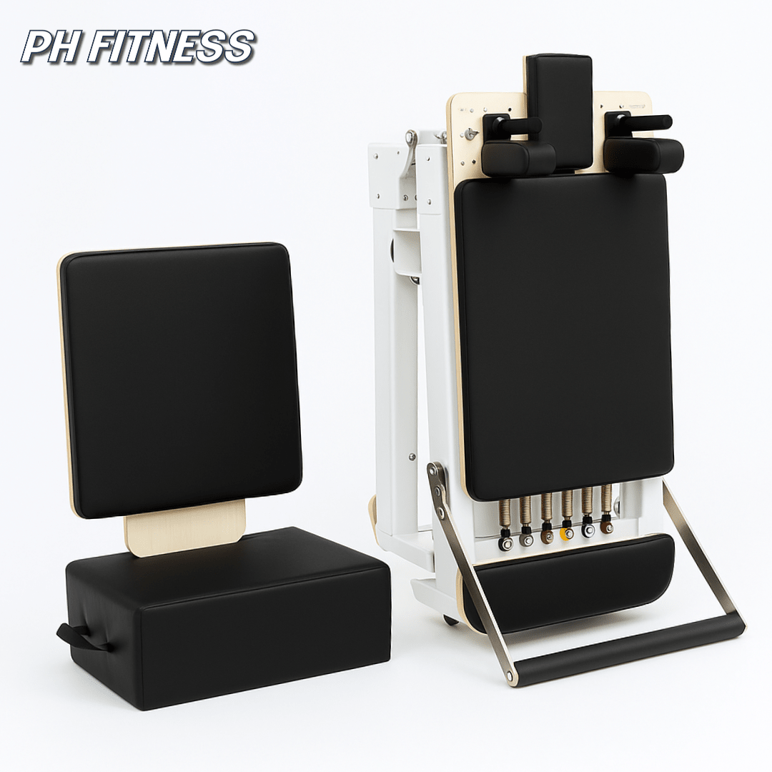 Reformer replié avec box Pilates et planche de saut
