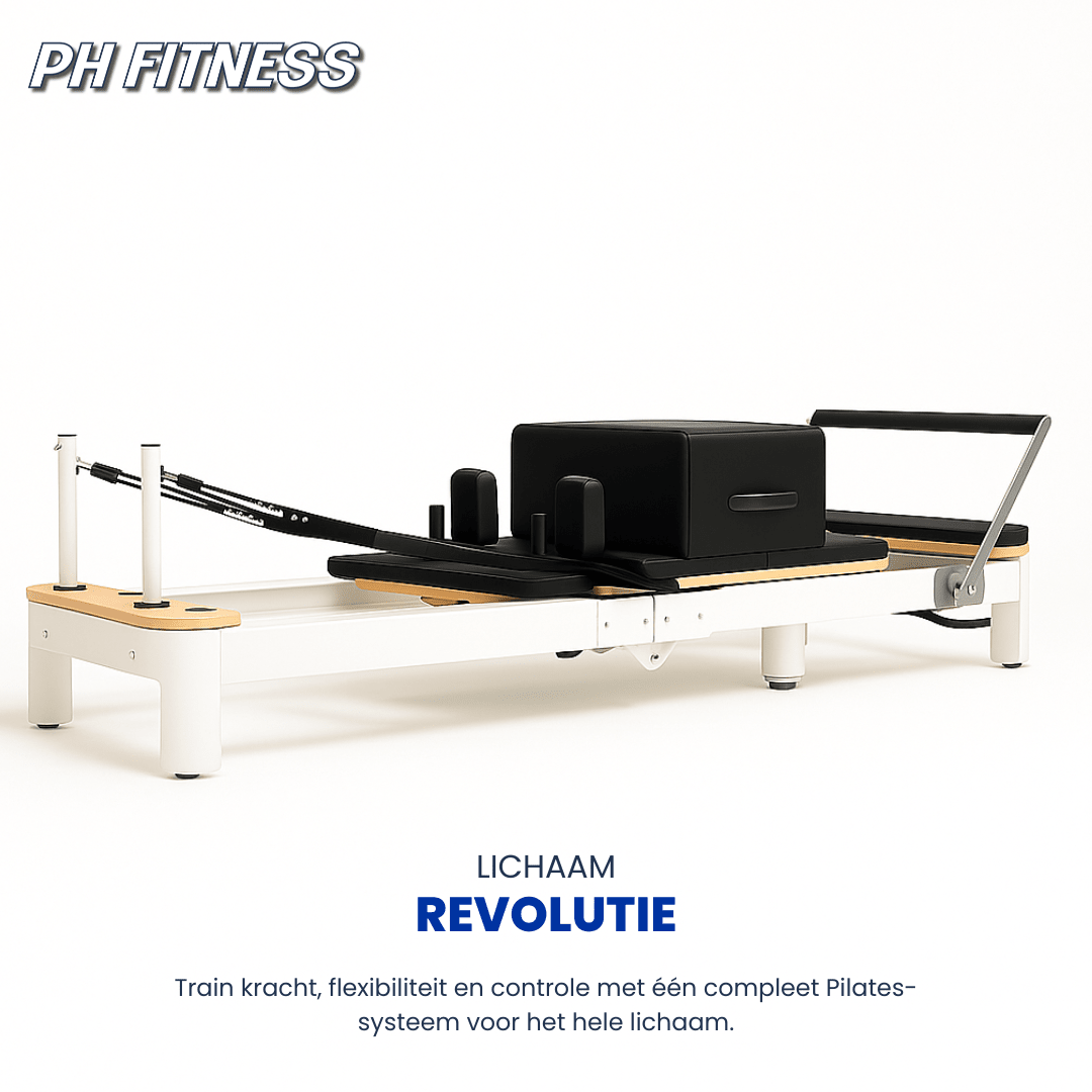 Vue latérale du Reformer Pilates pliable blanc avec box