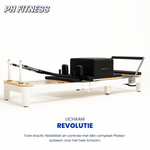 Vue latérale du Reformer Pilates pliable blanc avec box