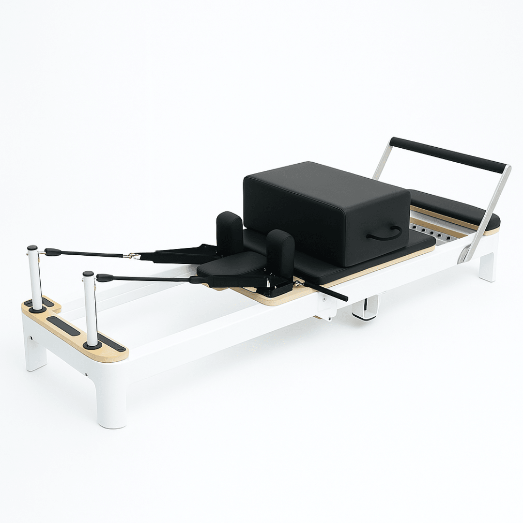 Reformer Pilates pliable en aluminium blanc avec box et sangles