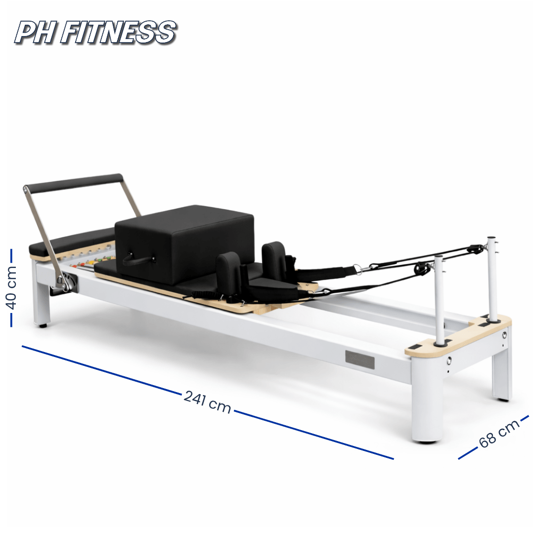 Dimensions du Reformer Pilates PH Fitness en aluminium : 241 × 68 × 40 cm