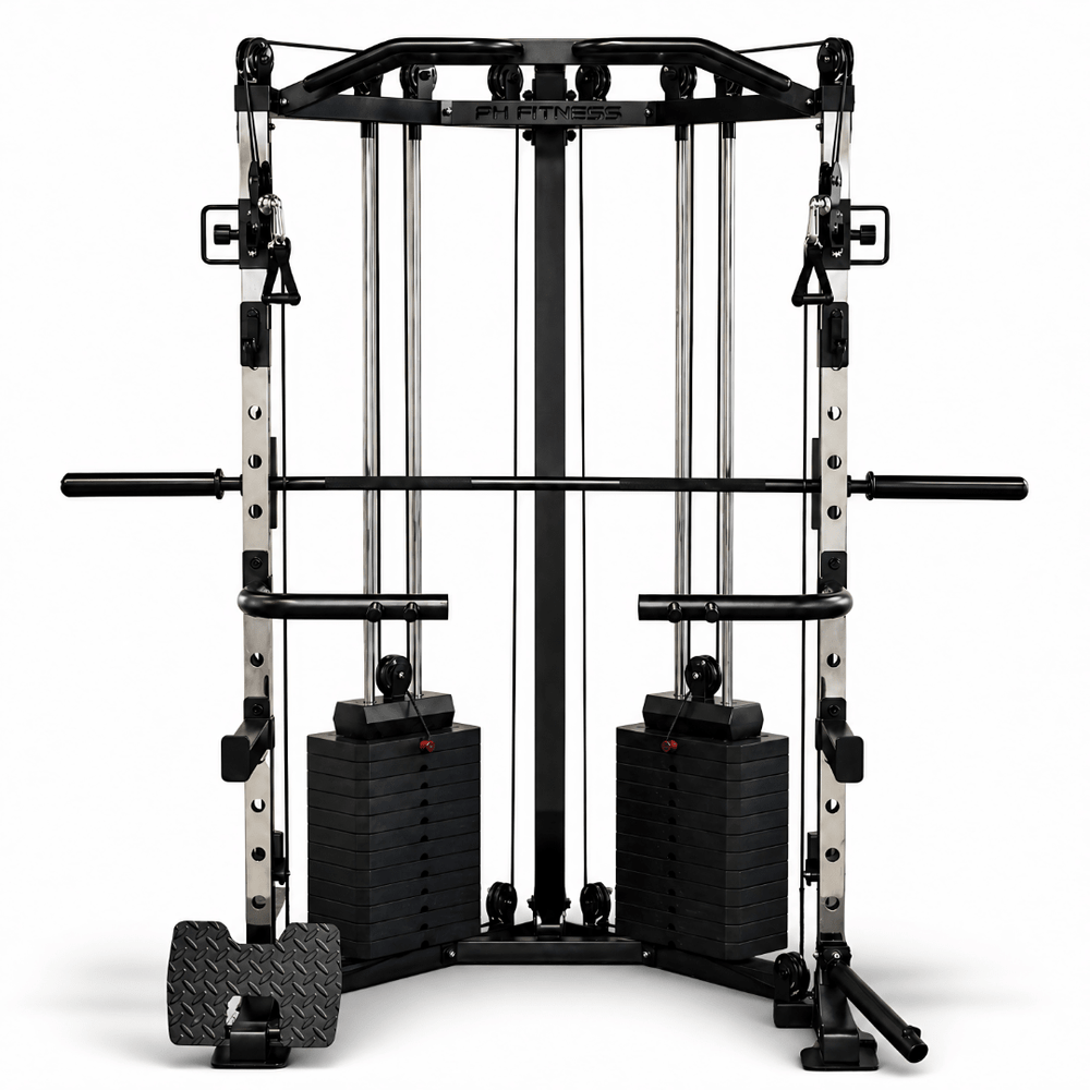 Smith machine d’angle PH Fitness avec double système de câbles et 2 piles de 80 kg – vue de face