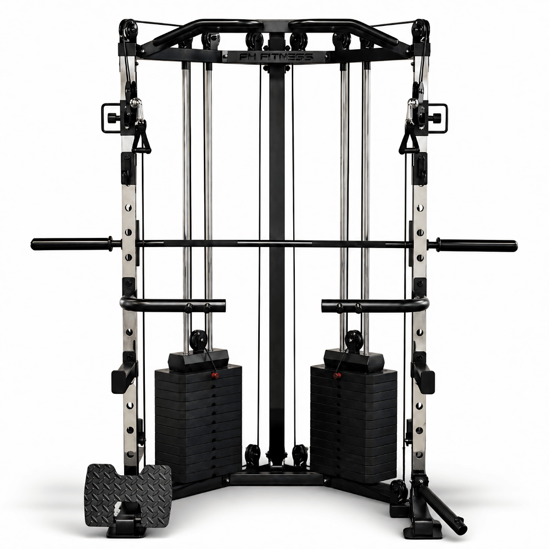 Smith machine d’angle PH Fitness avec double système de câbles et 2 piles de 80 kg – vue de face
