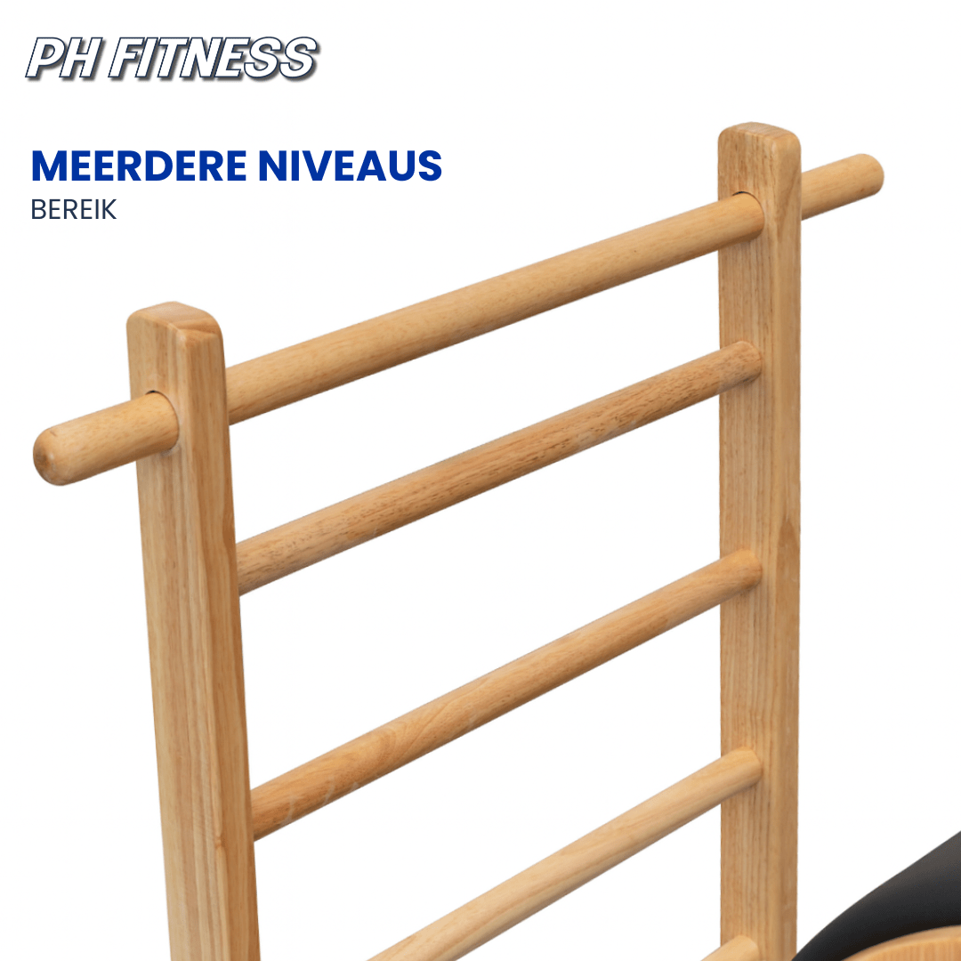 Détail du cadre à barreaux en bois avec plusieurs hauteurs de prise