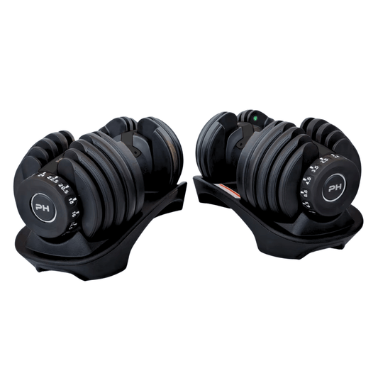 Front view of pair of black PH Fitness adjustable dumbbells, 24kg 15-in-1 system, compact pair design for home strength training.