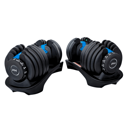 Front view of pair of blue PH Fitness adjustable dumbbells, 24kg 15-in-1 system, compact pair design for home strength training.