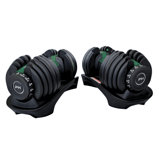 Front view of pair of green PH Fitness adjustable dumbbells, 24kg 15-in-1 system, compact pair design for home strength training.