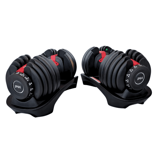 Front view of pair of red PH Fitness adjustable dumbbells, 24kg 15-in-1 system, compact pair design for home strength training.