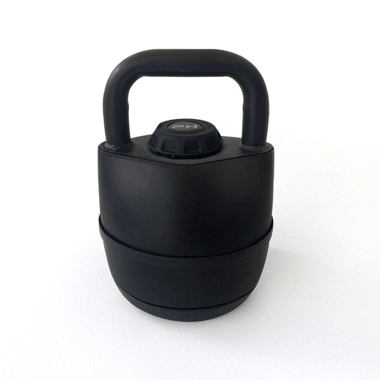 Adjustable kettlebell 3.5–18 kg by PH Fitness – front view with quick-select dial