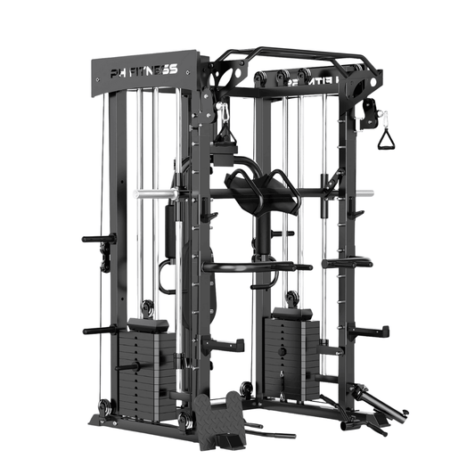 Front view of PH Fitness All-in-One Home Gym with Smith machine, dual pulleys, and 160kg weight stack for full-body training.