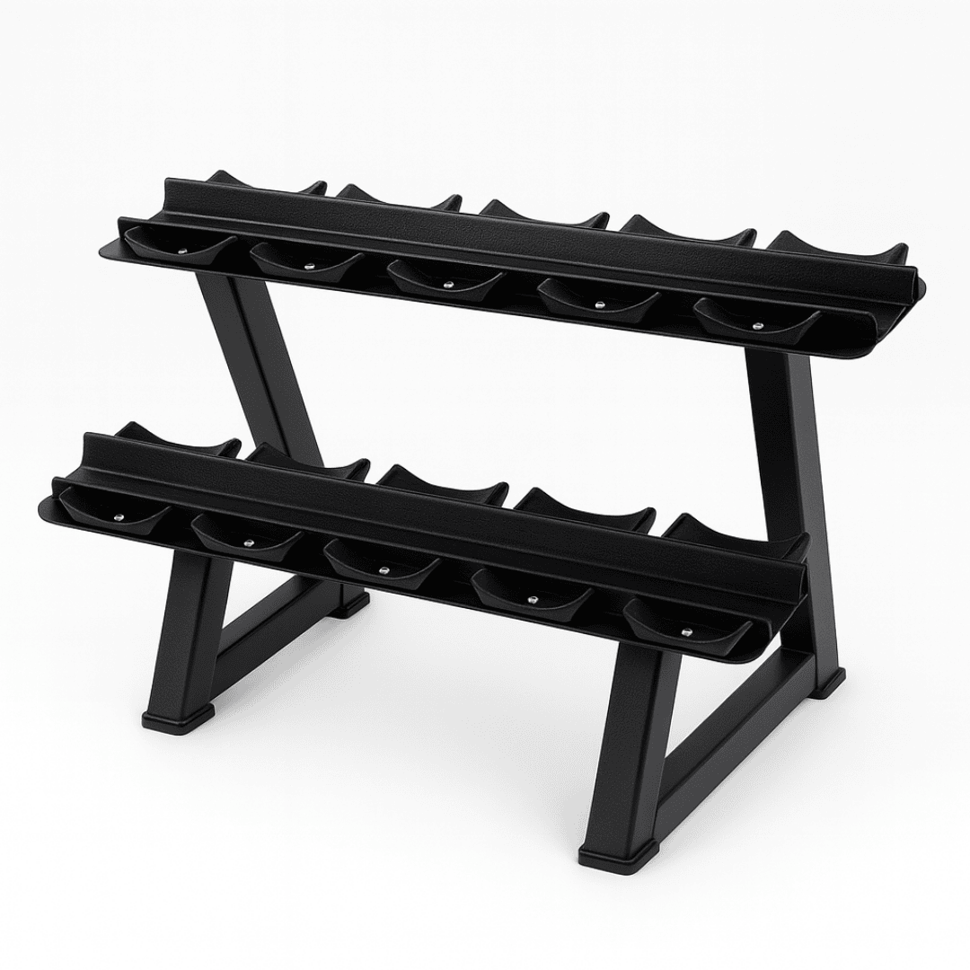 Heavy-duty compact 2-tier dumbbell storage rack featuring 5 pairs of protective saddles for hex or round dumbbells.