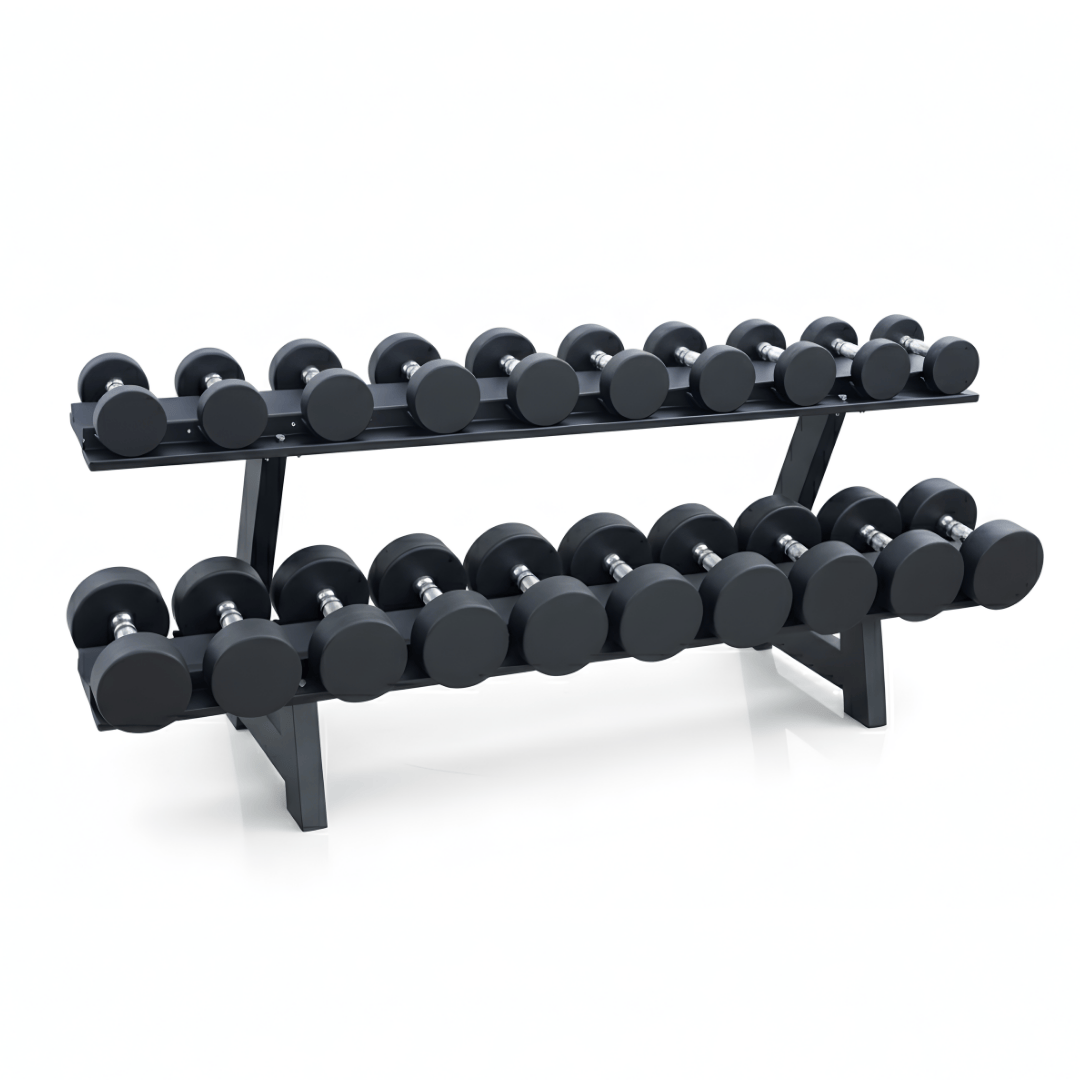 Fitness equipment bundle including a 2-tier storage rack and a complete set of rubber round dumbbells.