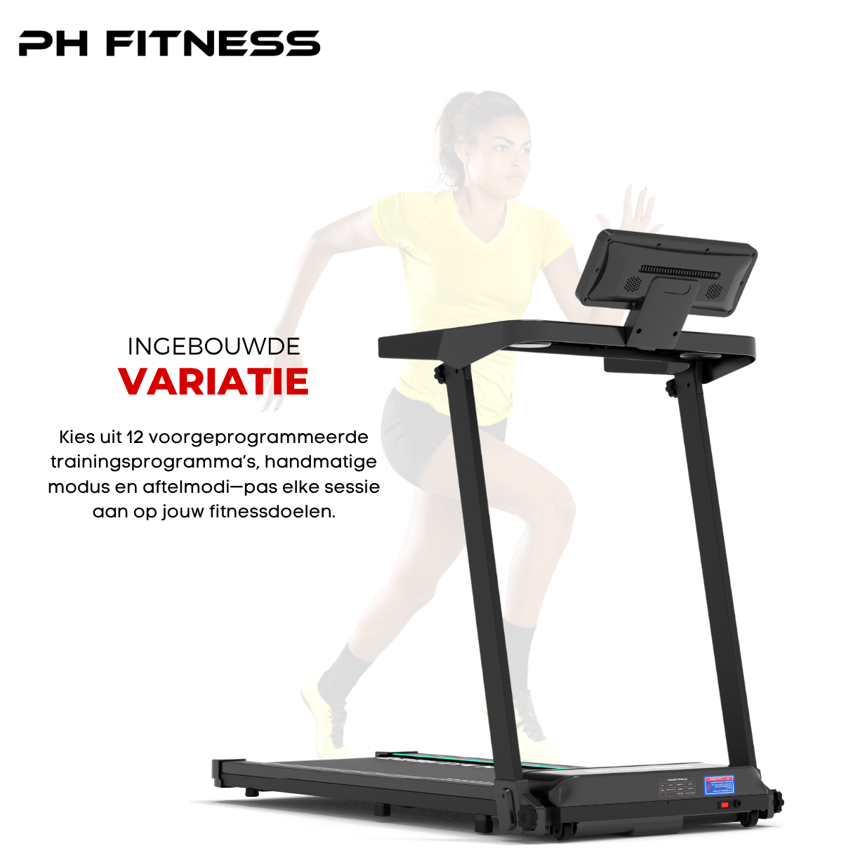 PH Fitness TH-900 treadmill with user running, featuring 12 preset programs, manual and countdown modes