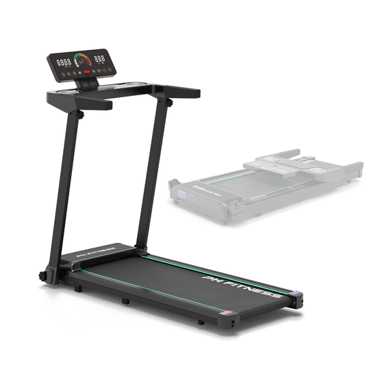 Front view of PH Fitness TR-800 treadmill with foldable frame, ideal for home workouts and easy storage.