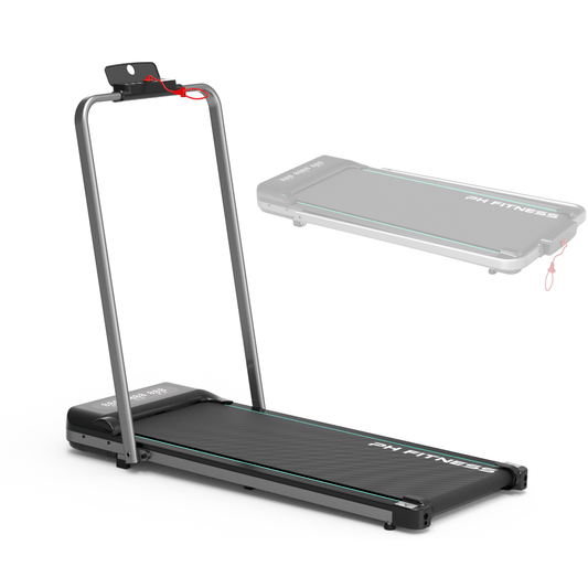 Front view and folded view of PH Fitness WP-400 treadmill – minimal footprint with lightweight, easy-to-store construction