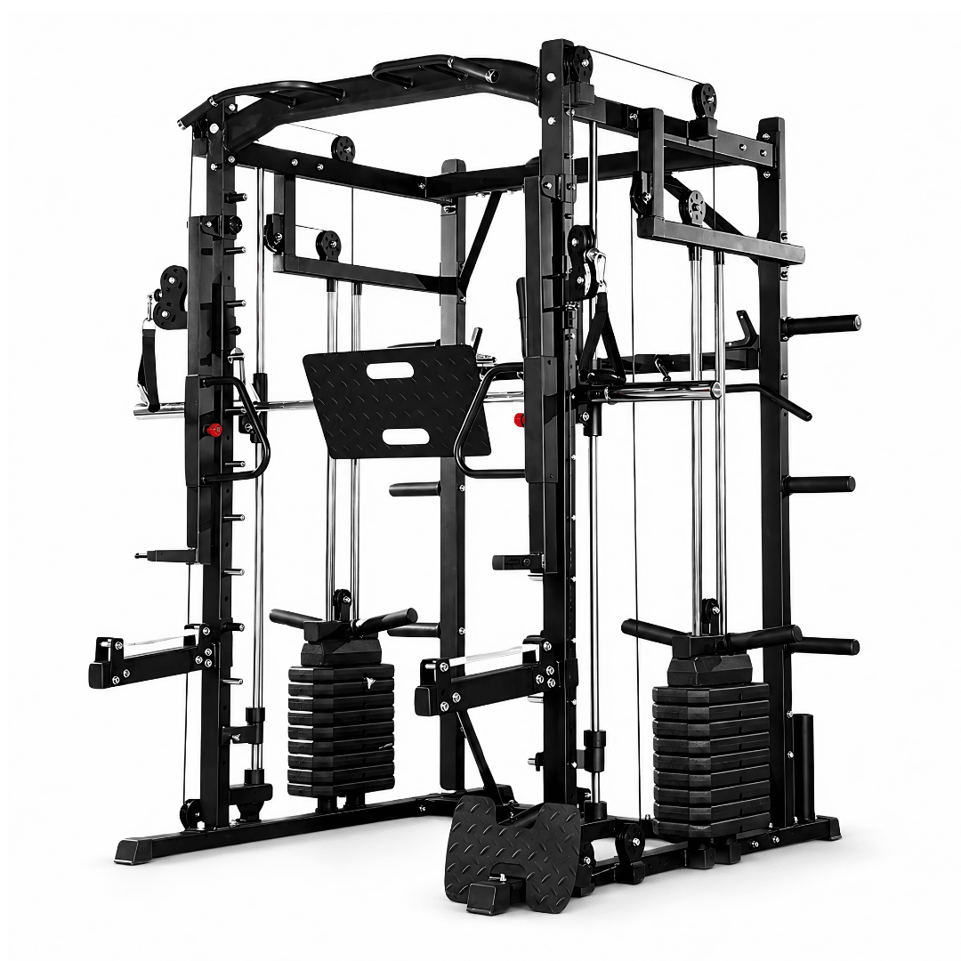Power Rack PH Fitness avec Smith machine, double poulie et 2 piles de 80 kg – vue de face