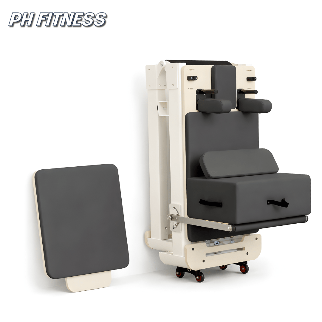 Reformer Pilates PRO rangé verticalement avec box Pilates