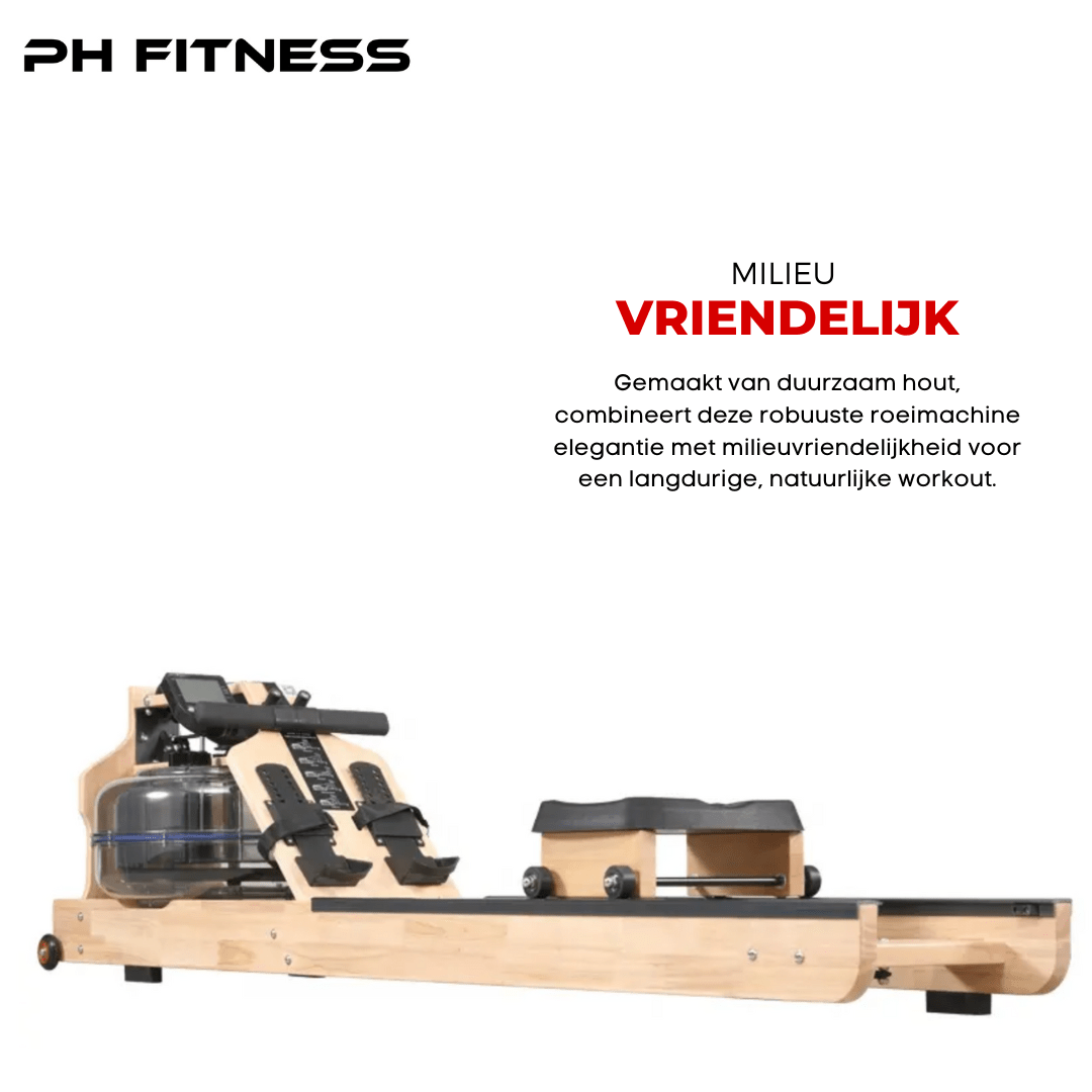 Volledig uitgeklapte PH Fitness houten Water Rower met waterweerstand